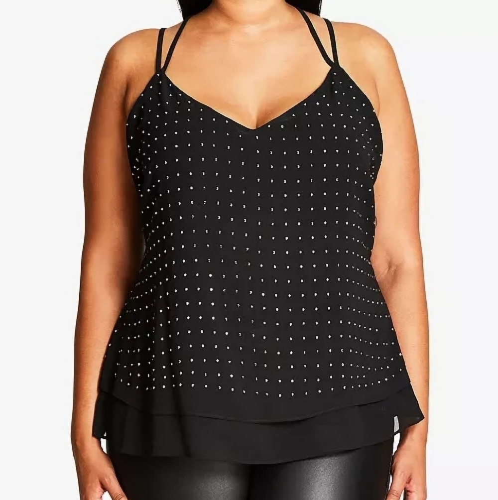 City Chic Metallic Stud Mesh Black Tank Top Size Medium 18